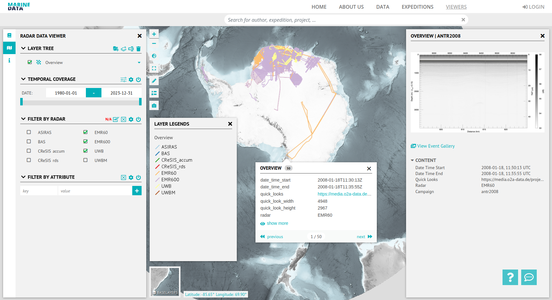 Screenshot of the glaciology radar map viewer