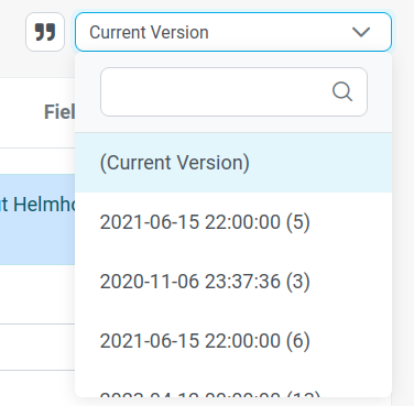 Several entries of an item's history and (top left) the quotation mark to trigger a new version