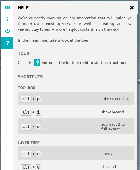 Help tab with short text and shortcuts